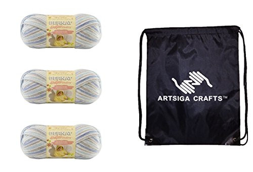 Bernat Knitting Yarn Softee Baby Ombres Blue Flannel 3-Skein Factory Pack (Same Dyelot) 166031-31129 Bundle with 1 Artsiga Crafts Project Bag