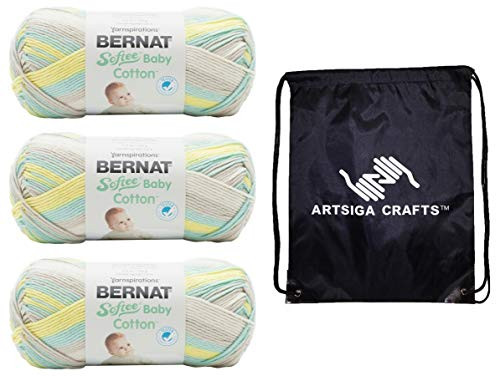 Bernat Knitting Yarn Softee Baby Cotton Sunny Sidewalk Variegated 3-Skein Factory Pack (Same Dyelot) 166052-52016 Bundle with 1 Artsiga Crafts Project Bag
