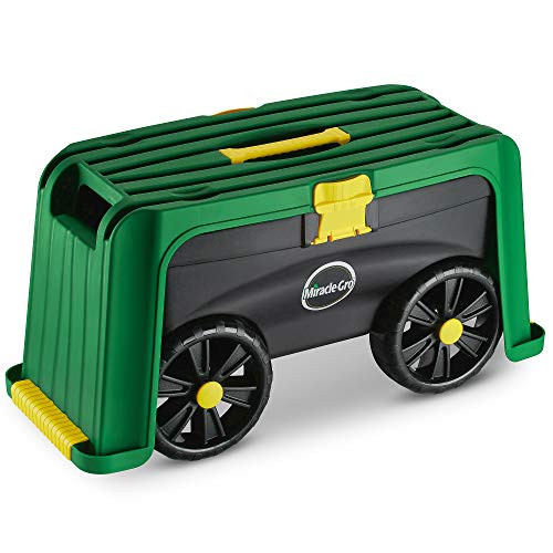 Miracle-Gro 4-in-1 Garden Stool  Multi-Use Garden Scooter with Seat  Rolling Cart with Storage Bin  Padded Kneeler and Tool Storage - Accessible Gardening for All Ages