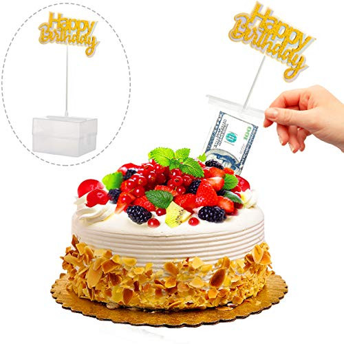Cake Money Box Set- Reusable DIY Happy Birthday Cake Topper Pull Out Kit Making Mold Gold Glitter Money Cake Dispenser for Birthday Party Cake Surprise Decoration Supplies