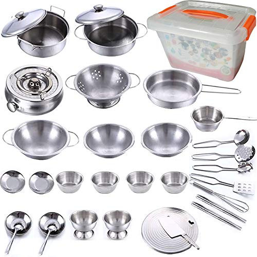 KEJIH 32 Pieces Stainless Steel Kitchen Toys Pretend Play Pots Pans Toy Cookware Kits for Kids Come with a Handy Storage Box Role Play Educational Toys for Toddlers (32PCS Set - Perfect)