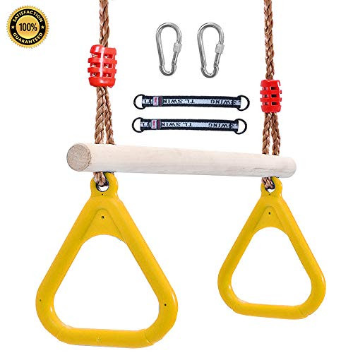 Flyzy Trapeze bar for Kids Trapeze Swing bar with Rings& Locking Carabiners for Indoor Jungle Gym Play Set and Outdoor Playground for Swingset ,Ninja line Backyard(Yellow)