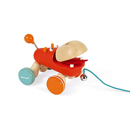 Janod Zigolos Pull Along Hippo Early Learning and Motor Skills Toy with Wobbly Non-Skid Wheels and Bell Made of FSC Certified Beech and Cherry Wood for Ages 12 Months+