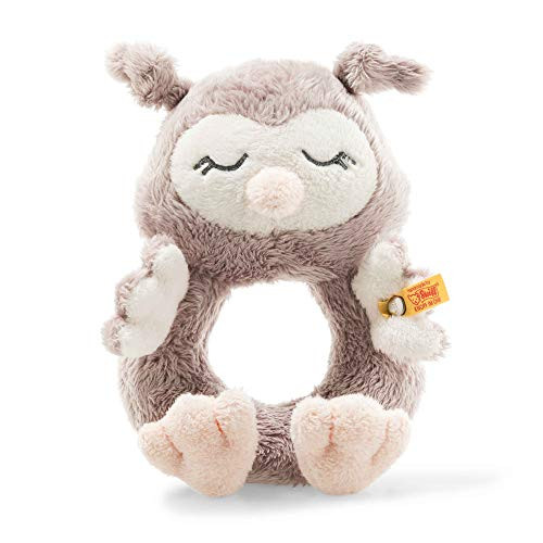 Steiff Soft Cuddly Friends Ollie Owl Grip Toy with Rattle, 14 cm, Rose Brown
