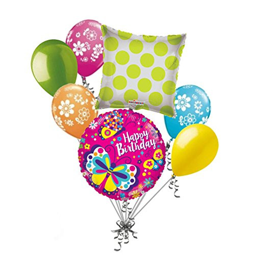 Jeckaroonie Balloons 7 pc Bright & Colorful Pink Happy Birthday Butterfly Balloon Bouquet Decoration