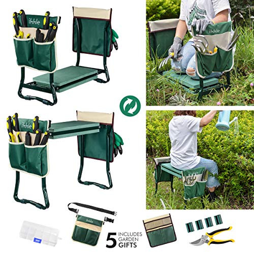 Garden Kneeler and Seat, Upgraded Folding Garden Bench Stool Portable Garden Kneeler Gardening Tools with 2 Free Tool Pouch, Detachable Belt, EVA Kneeling Pad, Pruning Shears, Ideal Gardening Gift