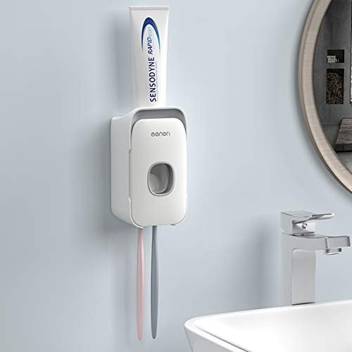 ProttyLife 2 in 1 Automatic Toothpaste Dispenser Toothbrush Holder Hands-Free Toothpaste Squeezer Wall Mounted for Family Washroom Bathroom (Grey)