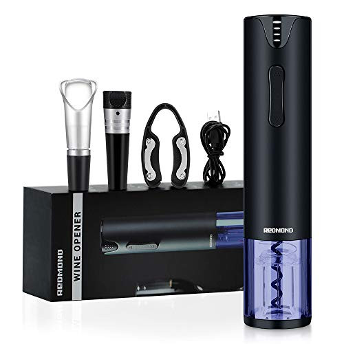 REDMOND Electric Wine Opener, 4-in-1 Rechargeable Automatic Corkscrew Wine Bottle Opener Set with Foil Cutter, Vacuum Stopper and Wine Aerator Pourer & USB Charging Cable, Stainless Steel, Black