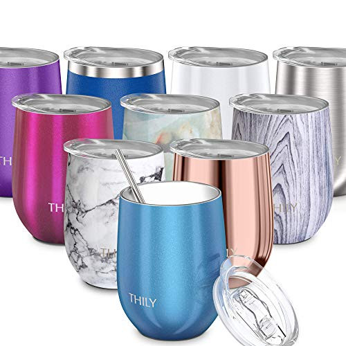 Wine Tumbler Vacuum Insulated Stemless - THILY 12 oz Triple-Insulated Stainless Steel Cute Travel Wine Glass with Lid and Straw, Keep Cold or Hot for Wine, Coffee, Cocktails and Drinks, Sparkle Blue