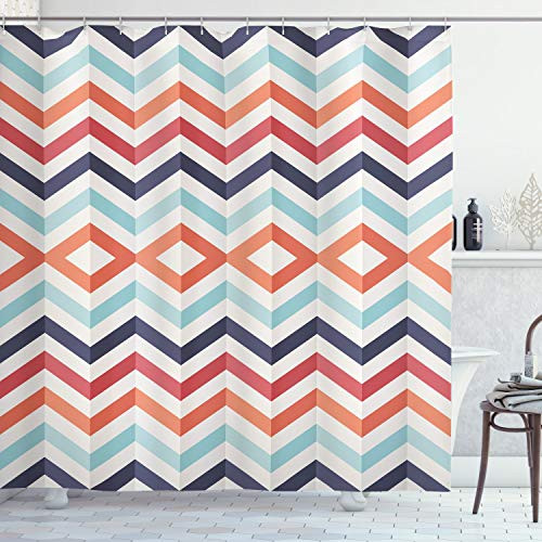 Ambesonne Geometric Shower Curtain, Zig Zag Lines Chevron Stripes Going up and Down with Optic Effect Image, Cloth Fabric Bathroom Decor Set with Hooks, 84" Long Extra, Orange White