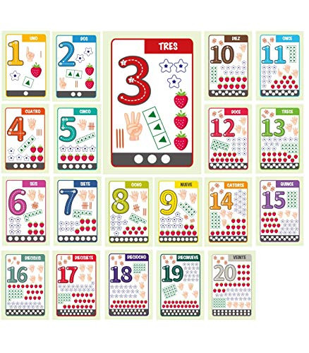 Dosmaxx 20 Spanish Numbers Posters for Preschool Kid and Nursery Homeschool Kindergarten Spanish Class Decorations Double-Side Laminated-Flat ship-Teach Numbers 1 to 20 13 x 8 Inch