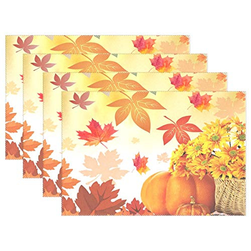 Sunflower Maple Leaves Pumpkin Autumn Fall Placemats Set of 6 Table Mat, Happy Thanksgiving Day Turkey Give Thanks Table mat Placemat Heat Resistant Stain Washable for Kitchen Decoration 12" x 18"