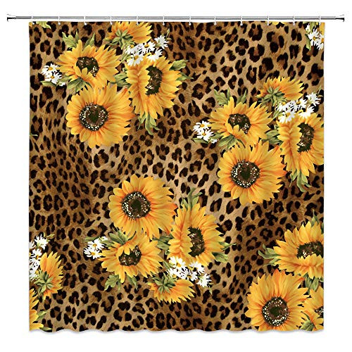 Leopard Sunflower Shower Curtain Yellow Sunflower Mix African Wild Animal Leopard Skin Creative Modern Bathroom Decor Quick Dry Fabric Curtain with 12 Hooks?70x70 Inch