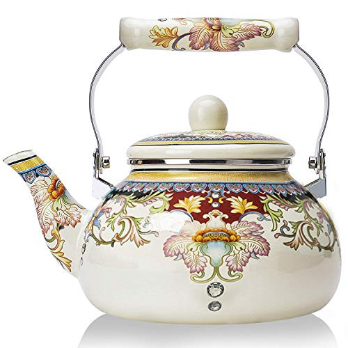 Floral Ceramic Enamel Teapot Tea Kettle for Stovetop,Large Porcelain Enameled Teakettle (white)