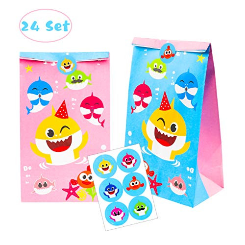 MALLMALL6 Little Shark Candy Treat Bags 24Pcs Birthday Party Shark Family Baby Shower Goodie Bags Candy Favor Bags Shark Themed Party Dessert Paper Bags with Thank You Stickers for Kids
