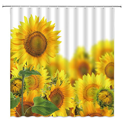 BST Yellow Sunflower Shower Curtains Country Yellow Flower Spring Floral Green Leaf Creative White Bathroom Curtains Decor Polyester Fabric Quick Drying 70x70 Inches Include Hooks
