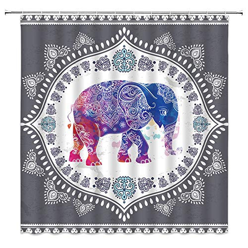 Elephant Shower Curtain Grey Mandala Cute Boho Indian Bohemia Watercolor African Batik Colorful Elephant Creative Art Kids Home Decor Animal Fabric Bathroom Curtain Set 70x70 Inch with Hooks