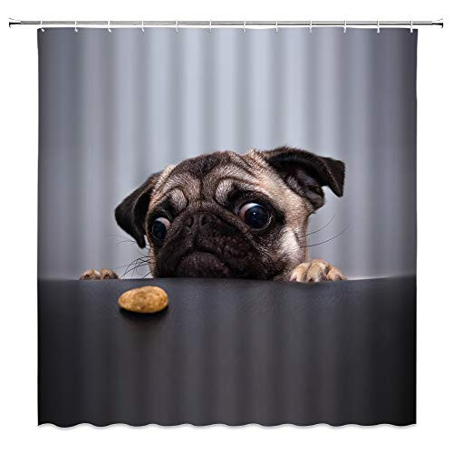BST Cute Dog Shower Curtain Pug Puppy Pet Lovers Funny Dog Animal Creative Grey Tan Bathroom Curtains Decor Polyester Fabric Quick Drying 70X70 Inches Include Hooks