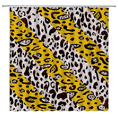 Leopard Print Shower Curtains Geometric Gray Yellow Stripe Splice Patchwork Africa Wild Safari Animal Panthera Skin Big Cat Abstact Creative Art Bathroom Curtains Decor Fabric 70x70 Inches with Hooks
