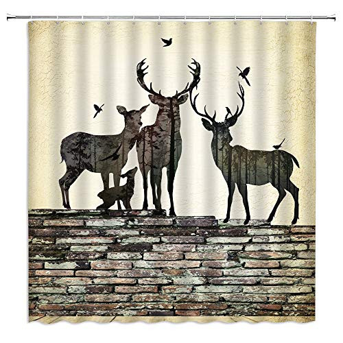 Deer Forest Shower Curtain Creative Deer Family Animal Birds Vintage Brick Retro Theme Bathroom Curtains Decor Polyester Fabric Quick Drying 70x70 Inches Include Hooks