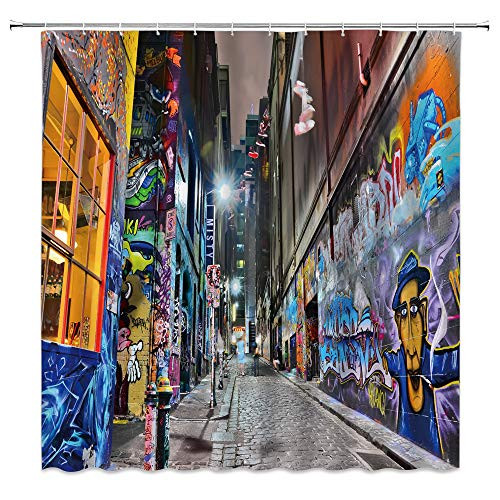BSTDS Colorful Graffiti Shower Curtain, Street Graffiti Abstract Art Creative Street View Colorful Home Bathroom Curtains Decor Polyester Fabric Quick Drying 70x70 Inches Include Hooks