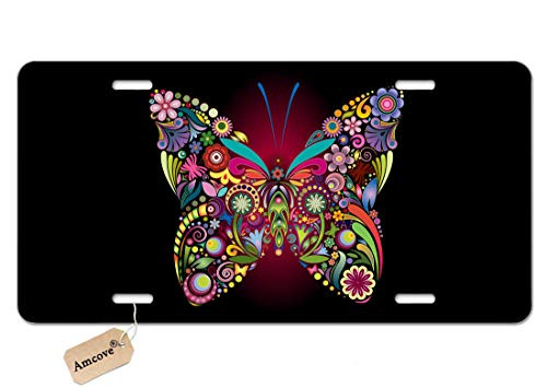 Amcove License Plate Flowers Butterflies Decorative Car Front License Plate,Vanity Tag,Metal Car Plate,Aluminum Novelty License Plate,6 X 12 Inch (4 Holes)