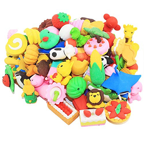 HOMKARE 90pcs Kids Pencil Erasers, Mini Erasers 3D Animals Puzzle Erasers, Food and Fruit Erasers, Pull Apart Kids Erasers for Party Favors, Games Prizes Carnivals and Classroom Rewards