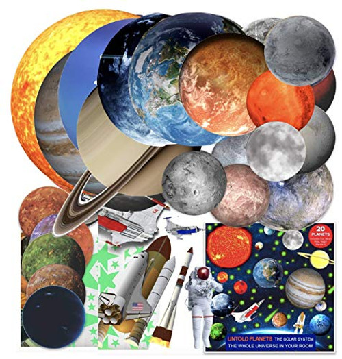 Glow in The Dark Planets and Stars for Ceiling Solar System Wall Stickers, All Glowing Planets Dwarf Exoplanets Pluto Moon Sun, 4 Rockets 1 Astronaut Glow in The Dark Planets and Stars for Ceiling Solar System Wall Stickers, All Glowing Planets Dwarf Exoplanets Pluto Moon Sun, 4 Rockets 1 Astronaut