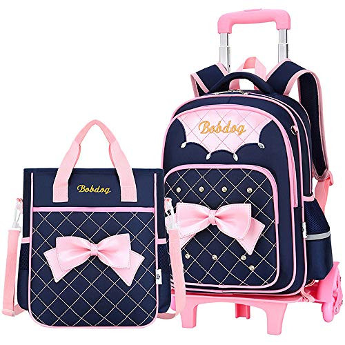 Bansusu Bowknot Princess Style 2Pcs Primary Girls Wheeled Preschool Backpack Carry On Luggage Elementary Trolley Rolling School Backpack Set with Lunch Bag