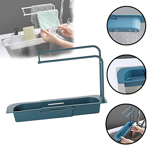 Telescopic Sink Holder Rack Expandable Storage Drain Basket Rack Sponge Soap Holder Drainer Sink Tray Holder Expandable Storage Drain Basket for Home Kitchen Blue
