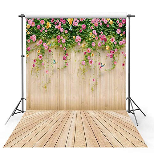 MEHOFOTO Spring Hanging Flowers Wood Wall Photo Studio Booth Backdrop Wooden Floor Photography Background 5x7ft