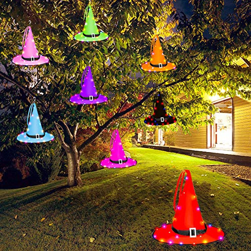 Kozart Halloween Outdoor Decorations 8Pcs Witch Decorations Halloween Lights Battery Operated Hanging Lighted Glowing Witch Hat Decorations for Outdoor, Yard, Tree