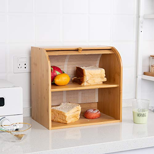 Roll Top Bread Box Bamboo Storage Bin Kitchen Large Capacity Bread Keeper Fully Assembled (2-Layer)