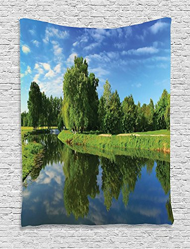 Ambesonne Lake House Decor Collection, Decorative Scenic Natural Landscape with Lake Trees Grass and Reflection in The Water, Bedroom Living Room Dorm Wall Hanging Tapestry, Green Blue