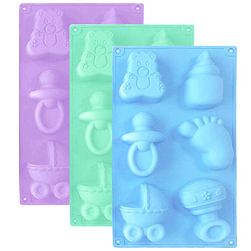 3 Pack Baby Shower Party Silicone Mold,DanziX Baby Carriage Feeding Bottle Little Feet Bear Pacifier Silicone Fondant Mold for Sugarcraft,Cake Decoration,Cupcake Topper,Chocolate-Purple,Blue,Green