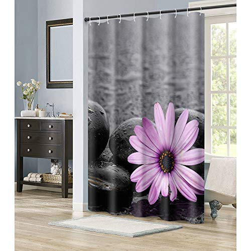 Irongarden Sunflower Daisy Shower Curtain Pink Floral Zen Stone SPA Waterproof Polyester Fabric Bathroom Set with Hooks 72"X72" Black