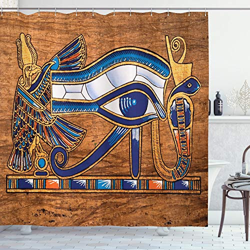 Ambesonne Egyptian Print Shower Curtain, Egyptian Art Papyrus Depicting Eye Mosaic Style Design, Cloth Fabric Bathroom Decor Set with Hooks, 70" Long, Navy Blue