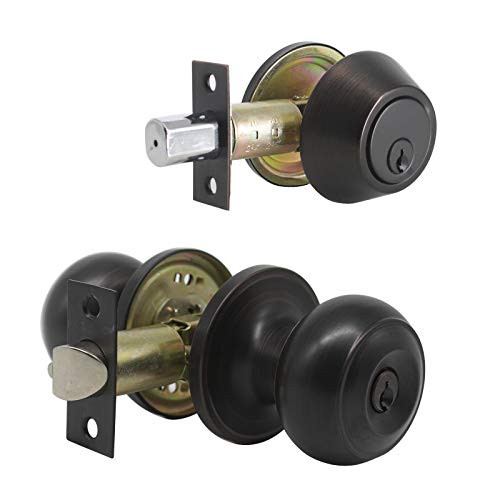 Probrico Keyed Alike Round Ball Entry Door Knob and Single Cylinder Deadbolt Set, Oil Rubbed Bronze, 1Pack