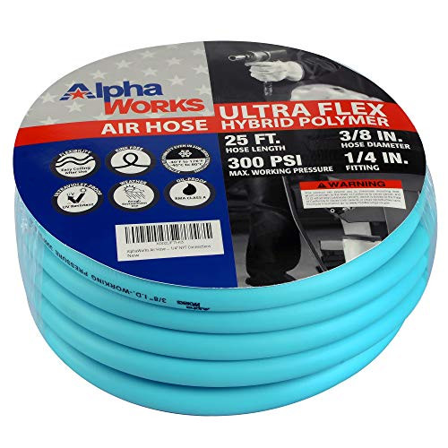 AlphaWorks Air Hose 3/8" Inch x 25' Foot Long Heavy Duty Industrial Premium Commercial Ultra Flexible Hybrid Polymer Hose Max Pressure 300PSI / 20BAR with 1/4" NPT Connections