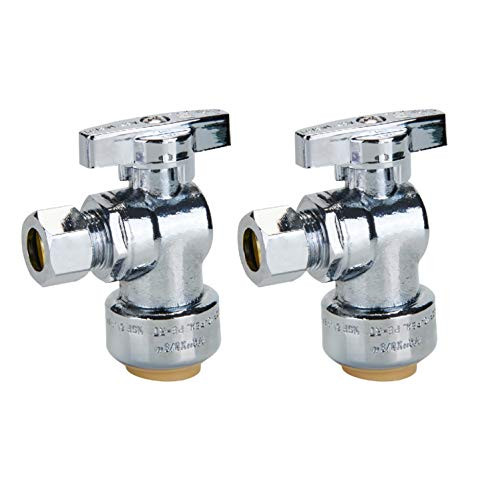 SUNGATOR PushFit Angle Stop Valve, 1/2" Ptc x 3/8" Compression Angle Shut Off Water Valve, Push-to-Connect, PEX, Copper, CPVC, Quarter-Turn ON/Off, Lead Free Certified (2-Pack)