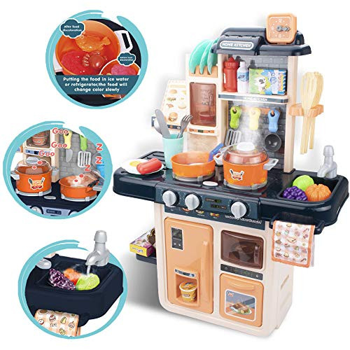 UNIH Kids Kitchen Sets Little Pretend Blue Play Kitchen Playset Toy with Realistic Lights & Sounds,Play Oven & Sink,Other Kitchen Accessories Toys for Girls and Boys