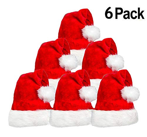 6 Pack Plush Santa Hat, Traditional Red and White Plush Christmas Santa Hat for Christmas Party, Adult Size
