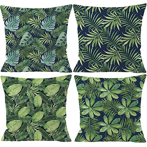 Set of 4 Green Tropical Leaves Throw Pillow Cover Decorative Cotton Linen Burlap Square Outdoor Cushion Cover Pillow Case for Car Sofa Bed Couch 18x18 Inch
