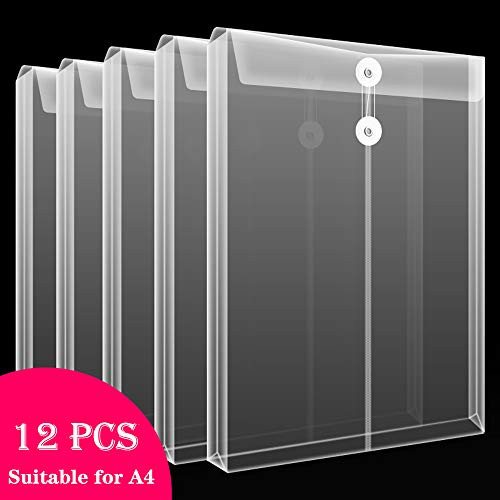 Guozi 12pcs Filing Poly Envelopes,Transparent Plastic File Folders with String-Tie Closure,Reusable Waterproof A4 Letter Size Document Organizer for School,Office