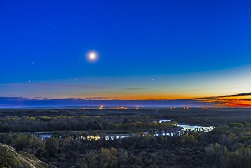 Posterazzi Moon with Antares Mars and Saturn over Bow River in Alberta Canada Poster Print, (17 x 11)
