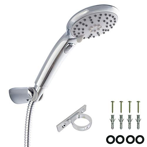 RV Shower Head with Hose and On Off Switch, 4-Function Water Saving High Pressure Shower Head with Shower Hose Guide Ring and Shower Holder for RV, Camper, Van, Travel Trailer, Motorhome, Boat, Chrome