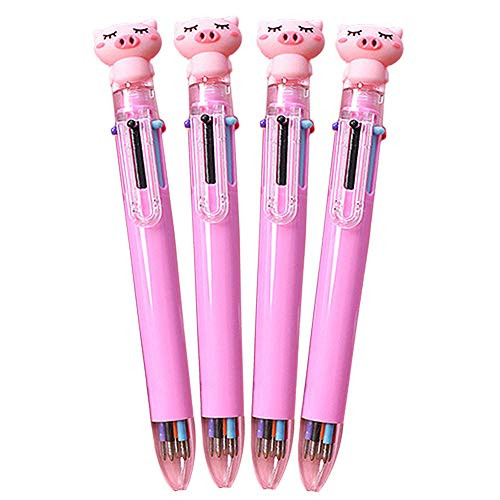 Sun Kea 4Pcs Multicolor Pens Cute Cartoon 6-in-1 Retractable Ballpoint Pens-6 Vivid Colors in Every Pen,Piggy