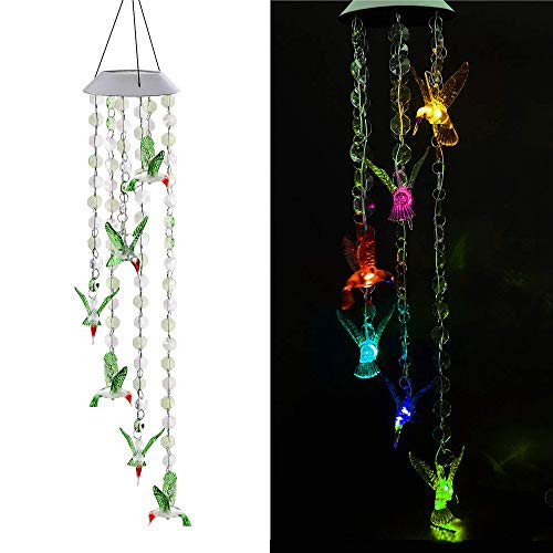 AVEKI Solar Mobile Wind Chime, Color Changing LED Solar Wind Chime Solar Powered LED Hanging Lamp Wind Chime Light Wind Chimes for Outdoor Indoor Gardening Lighting Decoration Home (Hummingbird)