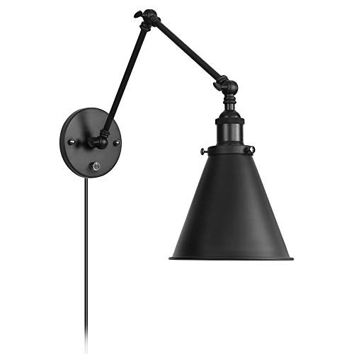 Industrial Wall Light Black Paint Finish Plug in Adjustable Arms with On/Off Switch for Bedroom Wall Sconce Fixture Metal Plug-in Wall Lamp (1-Light)