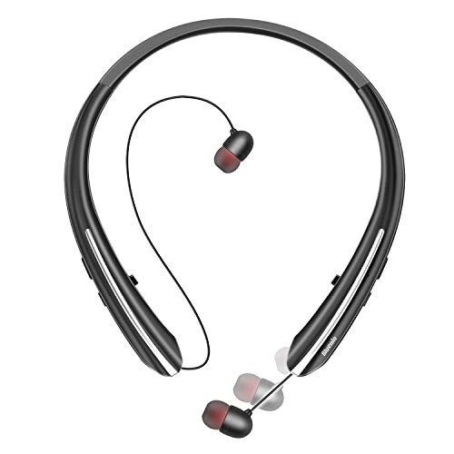 Bluetooth Headphones, Bluenin Wireless Neckband Headset with Retractable Earbuds, Sports Sweatproof Noise Cancelling Stereo Earphones with Mic (Black)